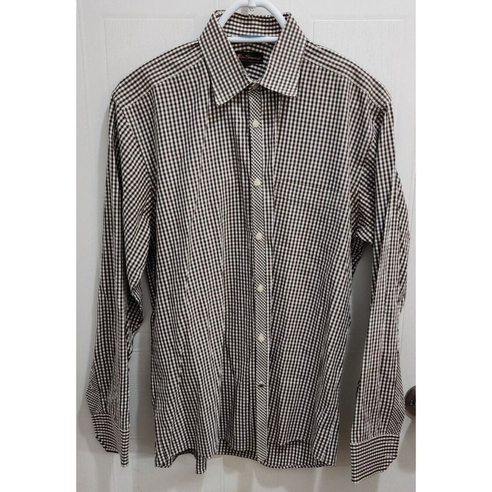 Ben Sherman White Brown Check Long Sleeve Button Up Shirt Size 16 34 - 35 Cotton